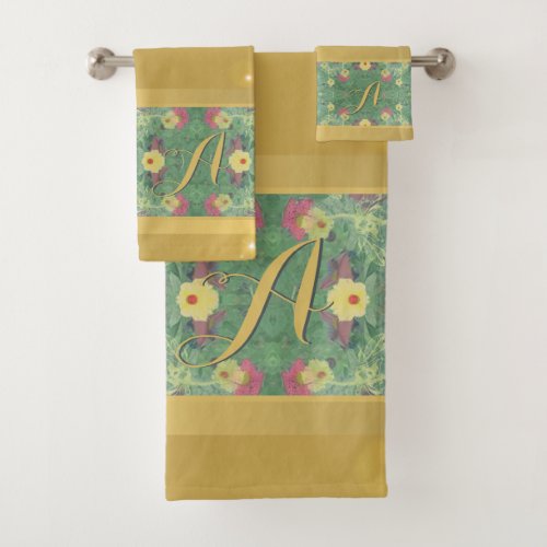 Floral  Brass Color Monogram Towel