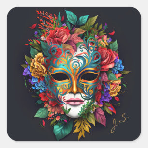 Floral Brazilian Carnival Mask Square Sticker