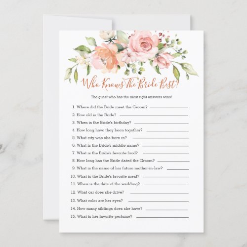 Floral Bridal BingoWho knows the Bride best games Invitation