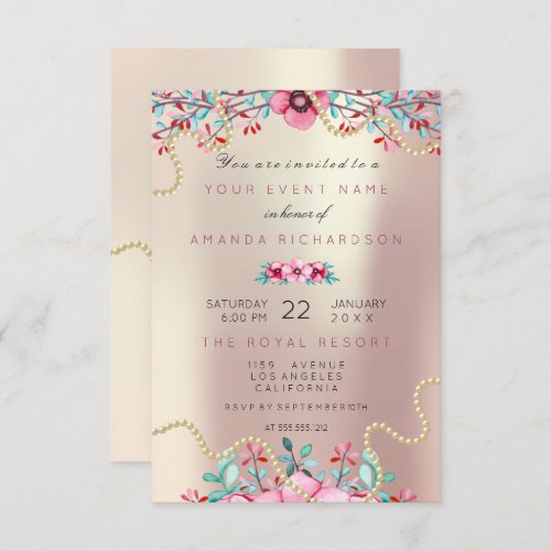 Floral Bridal Birthday Gold Pink Pearl Sweet Glam Invitation