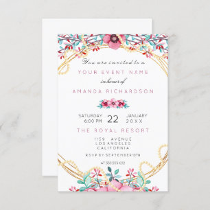 Floral Bridal Birthday Gold Pink Pearl Sweet White Invitation