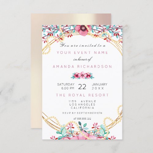 Floral Bridal Birthday Gold Pink Pearls Sweet Rose Invitation