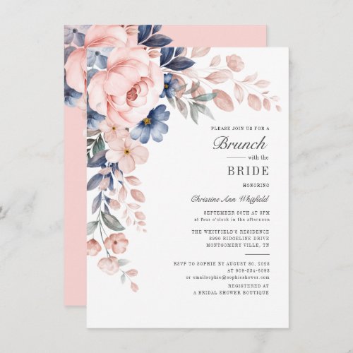 Floral Bridal Brunch Watercolor Pink Blue Flowers Invitation