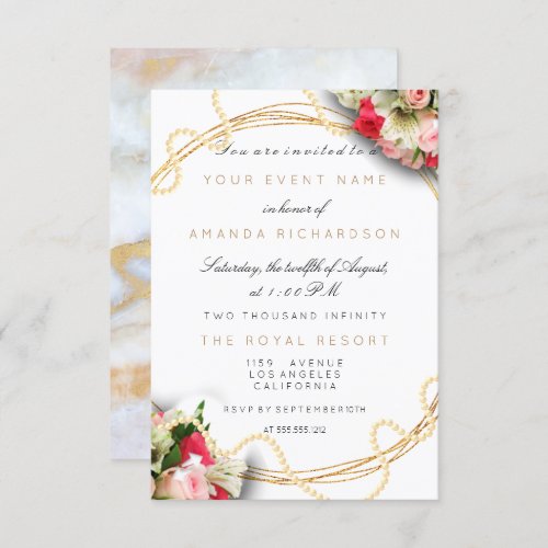 Floral Bridal Marble Birthday Gold Pink Pearls Invitation