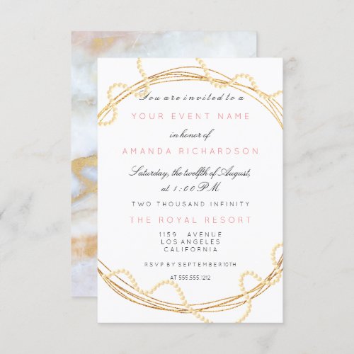 Floral Bridal Marble Birthday Gold White Pearls Invitation