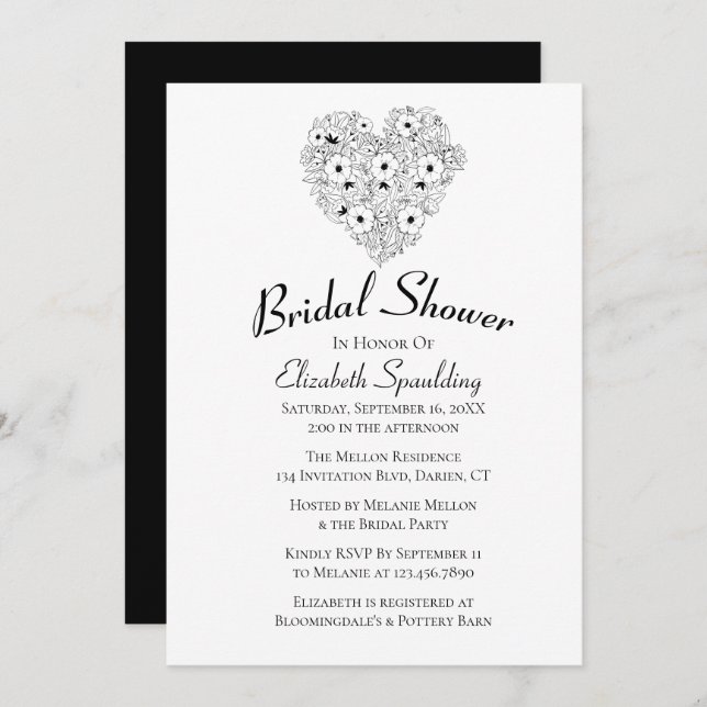 Floral Bridal Shower Anemones Black White Flowers Invitation (Front/Back)