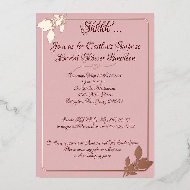Floral Bridal Shower, Blush Pink, Gold Foil Invitation (Front)