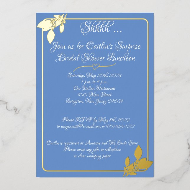 Floral Bridal Shower, Country Blue, Gold Foil Invitation (Front)