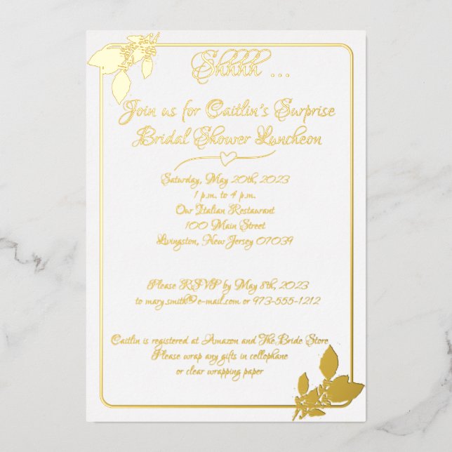 Floral Bridal Shower, Elegant White, Gold Foil Invitation (Front)