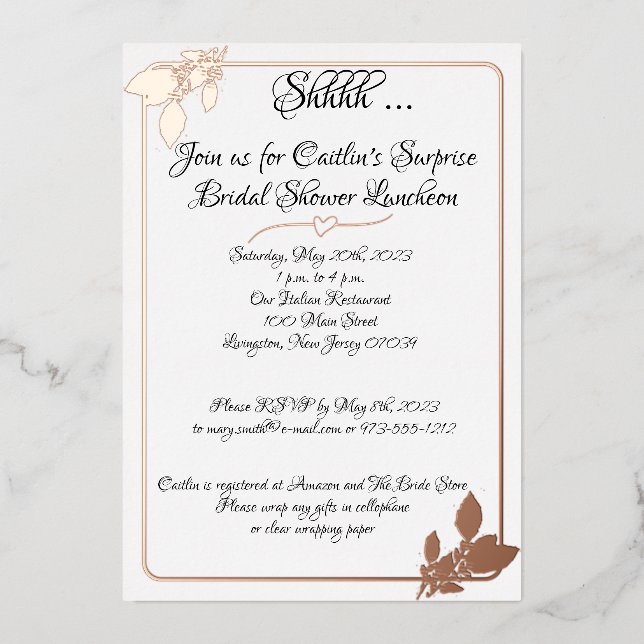 Floral Bridal Shower, Elegant White, Rose Gold Foil Invitation (Front)