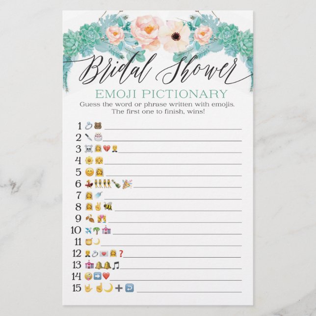 Floral Bridal Shower Emoji Pictionary Game (Front)