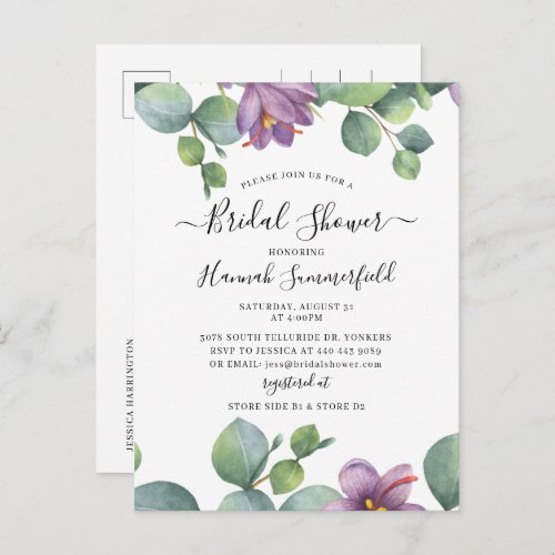 Floral Bridal Shower Eucalyptus Greenery Invitation Postcard