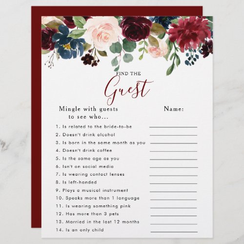 Floral Bridal Shower Find the Guest Game