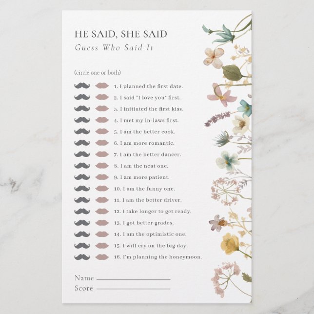Floral Bridal Shower Game (Front)