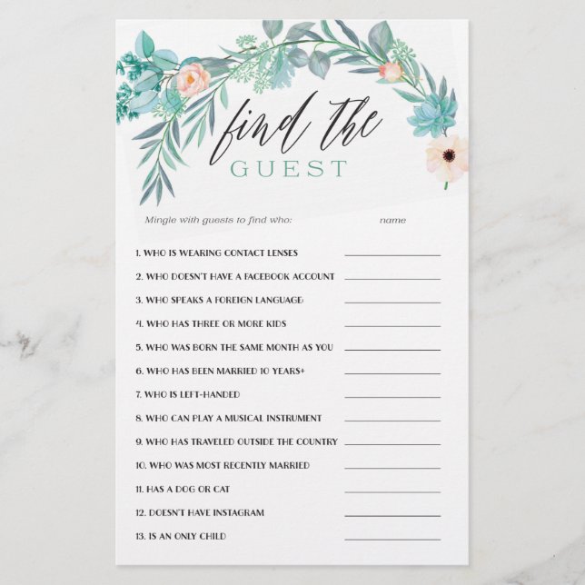Floral Bridal Shower Game Find the Guest (Front)