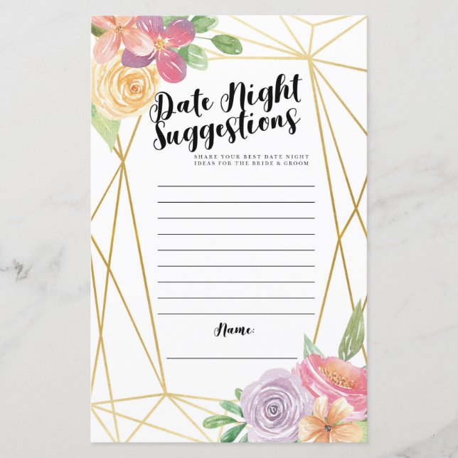 Floral Bridal Shower Games Date Night Suggestions (Front)