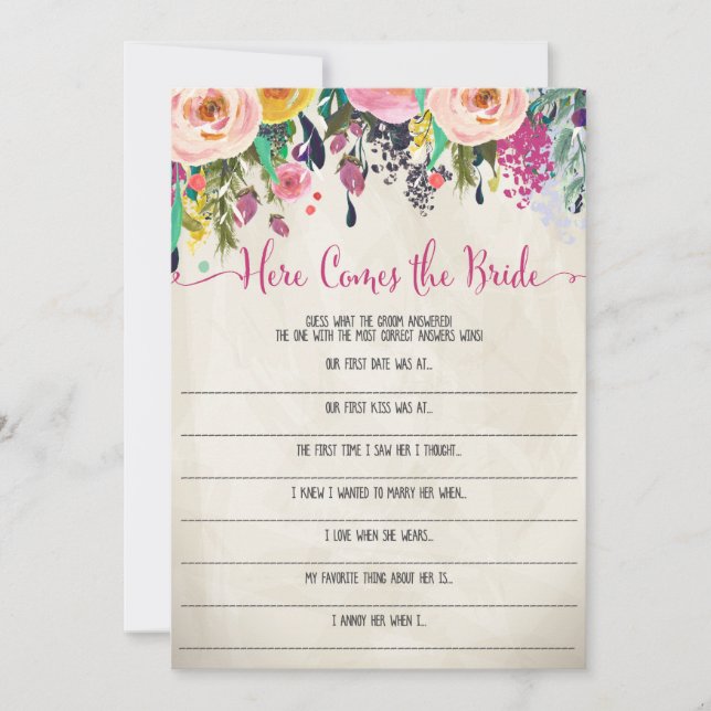 Floral Bridal Shower Here comes the bride game Invitation (Front)