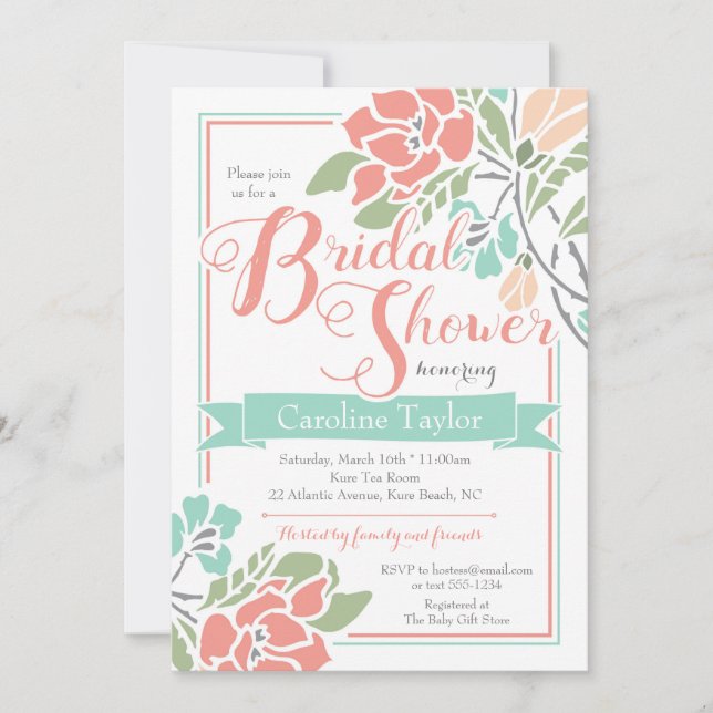 Floral Bridal Shower Invitation in Coral and Teal (Front)