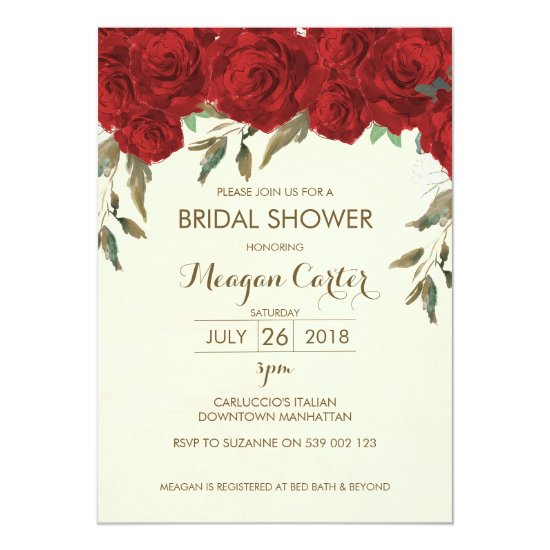 Floral bridal shower invitation ivory red roses