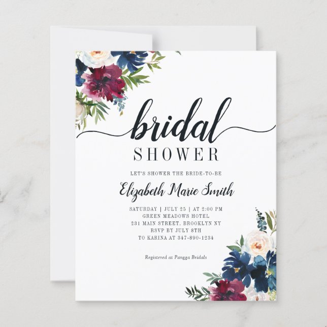Floral Bridal Shower Navy Blue Burgundy Invitation (Front)