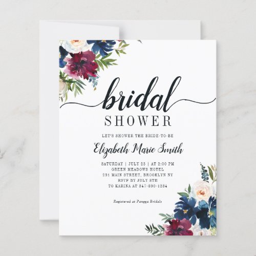 Floral Bridal Shower Navy Blue Burgundy Invitation