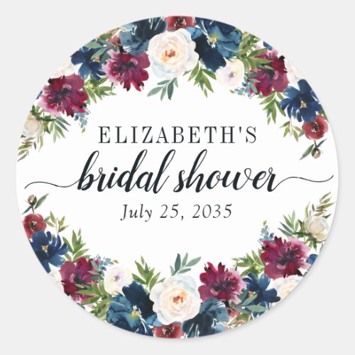 Floral Bridal Shower Navy Blue Burgundy Watercolor Classic Round Sticker