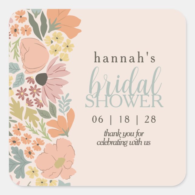 Floral Bridal Shower or Wedding  Square Sticker (Front)