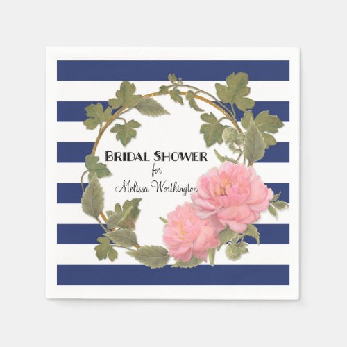 Floral Bridal Shower Pink Peony Flowers Striped Paper Napkins