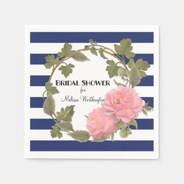 Floral Bridal Shower Pink Peony Flowers Striped Paper Napkins (Front)