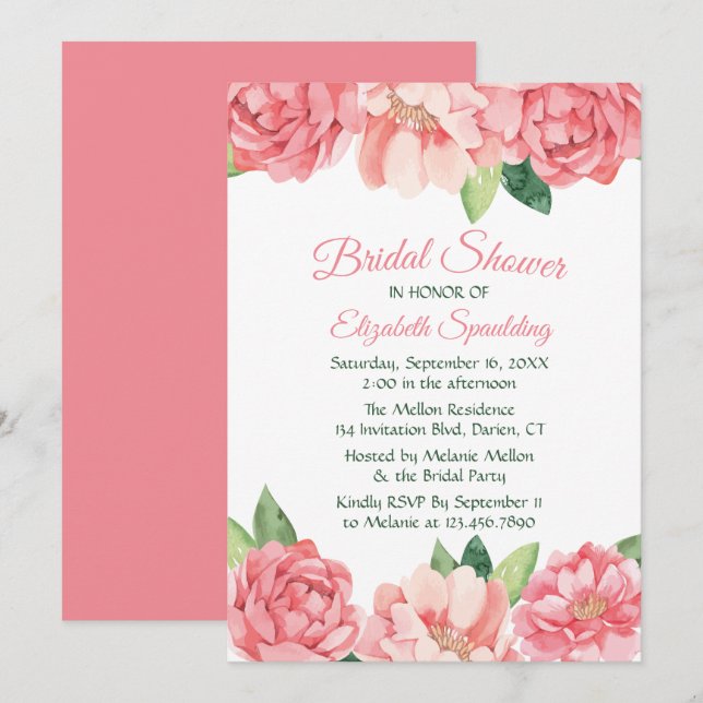Floral Bridal Shower Pink Roses Peonies Flowers Invitation (Front/Back)