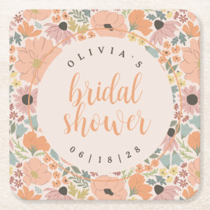 Floral Bridal Shower Square Paper Coaster