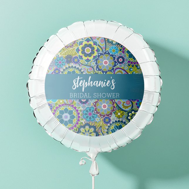 Floral Bridal Shower Teal and Green Retro Flowers Balloon (Custom Bridal Shower Balloon)