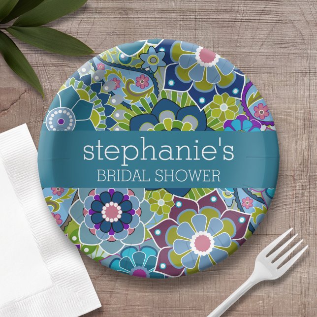 Floral Bridal Shower Teal and Green Retro Flowers Paper Plates (Custom bridal shower plates)