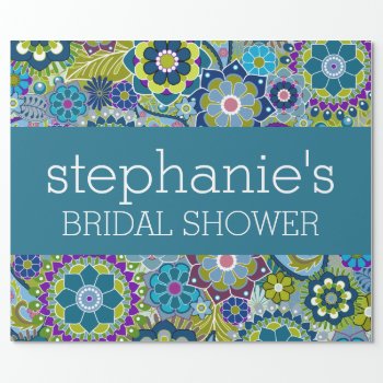 Floral Bridal Shower Teal And Green Retro Flowers Wrapping Paper by JustWeddings at Zazzle