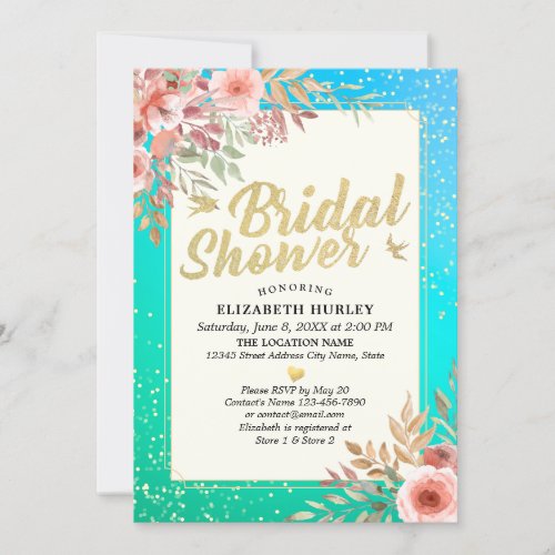 Floral Bridal Shower Teal Gold Confetti Polka Dots Invitation