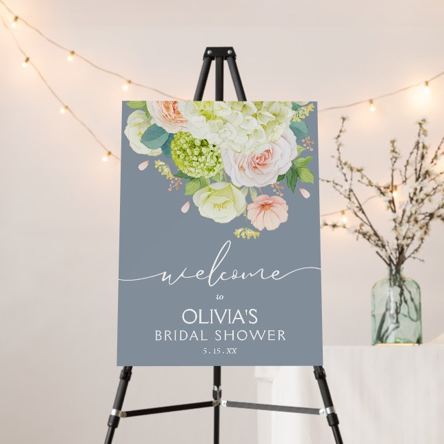 Floral Bridal Shower Welcome Dusty Blue Foam Board (In Situ (Stand))