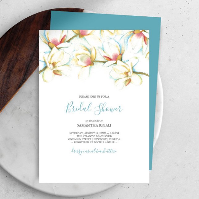 Floral Bridal Shower White Magnolia Watercolor  (Bridal shower invitations watercolor white magnolia flowers art by Victoria Grigaliunas DoTellABelle)