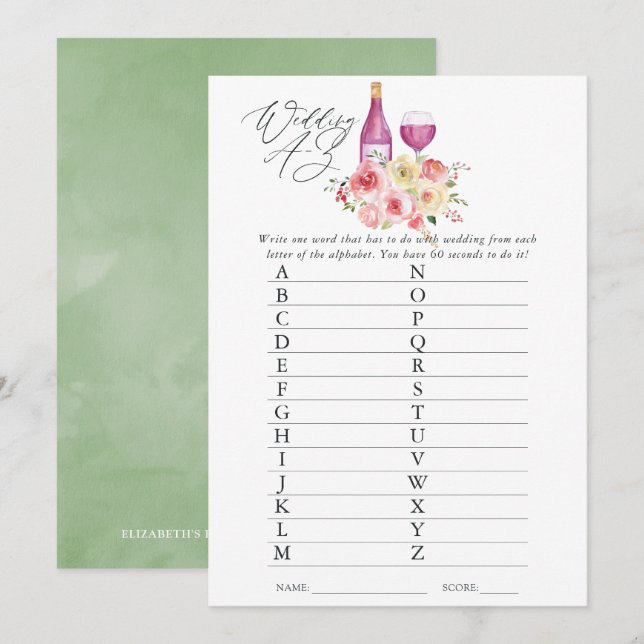 Floral Bridal Shower Wine Tasting A-Z Game Invitation (Front/Back)