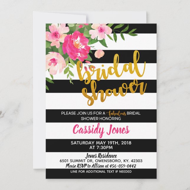 Floral Bridal Shower with Black & White Stripes Invitation (Front)