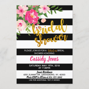 Floral Bridal Shower with Black & White Stripes Invitation