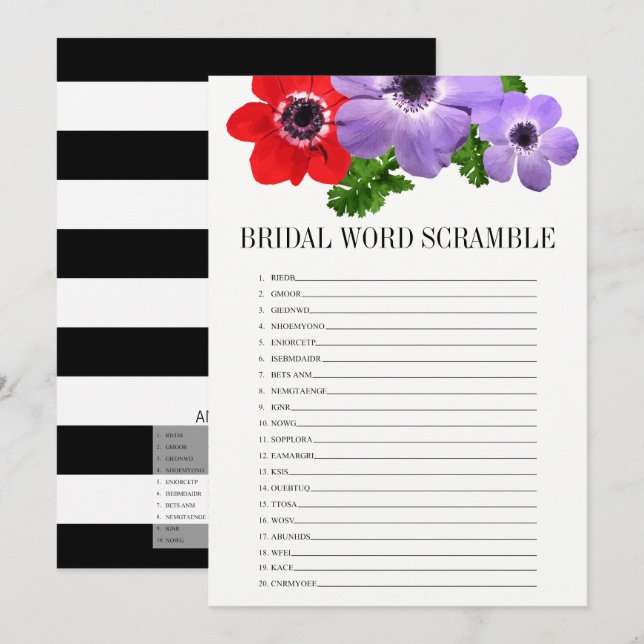 Floral Bridal Shower Word Scramble Game Card (Front/Back)