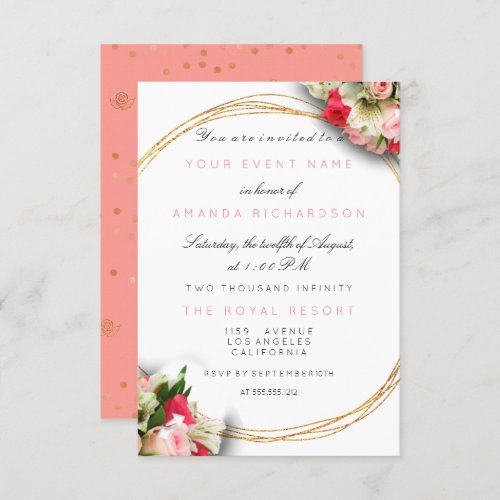 Floral Bridal Sparkly Birthday Gold White Peach Invitation