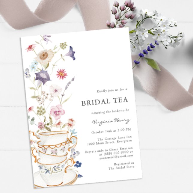 Floral Bridal Tea Invitation (Wildflower Tea Party Bridal Shower Wedding Invitation by Painted Paperie)