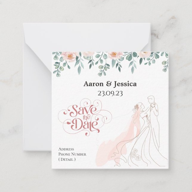 Floral Bride and Groom Illustration Save the Date Note Card (Front)