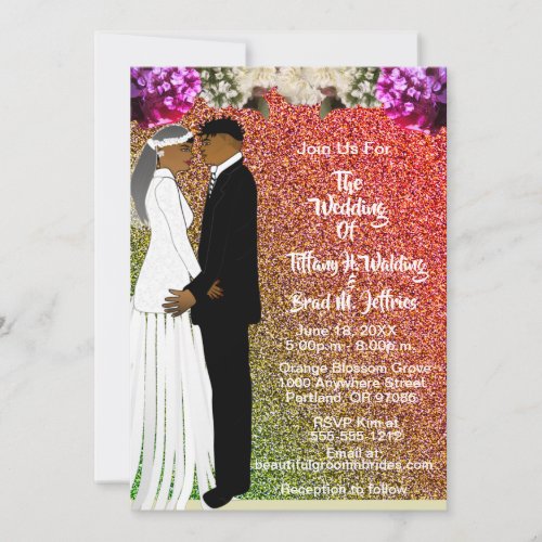 Floral Bride  Groom African American Wedding  Invitation