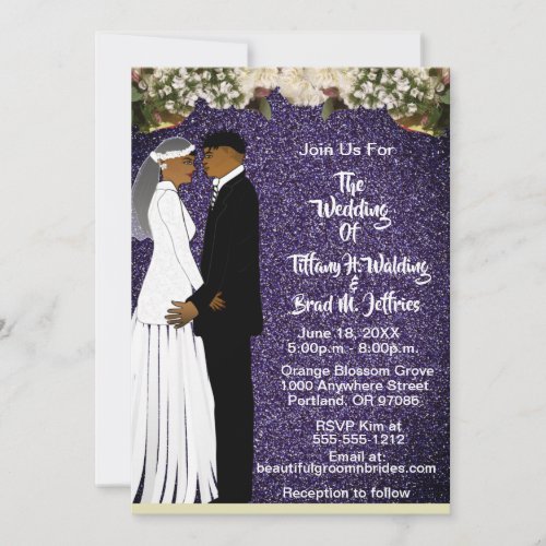 Floral Bride  Groom Navy African American Wedding Invitation