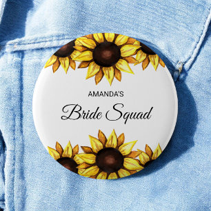 Floral Bride Squad Sunflower Yellow White Wedding Button