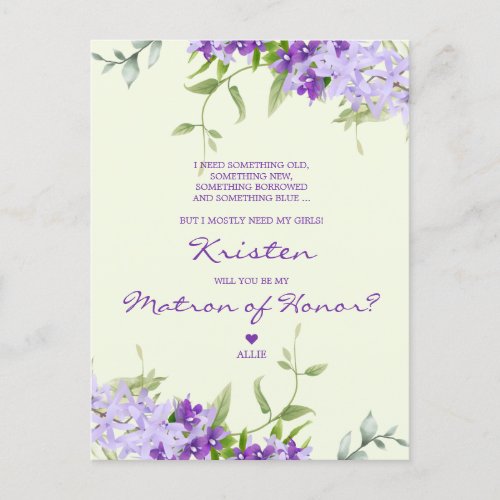 Floral Bridesmaid Proposal in Lillac Shades Invitation Postcard