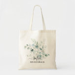 Floral Bridesmaid Wedding Tote Bag Blue Green<br><div class="desc">Get matching tote bags for the wedding party. Everyone will love it.
This cute tote bag has Dusty blue and green eucalyptus leaves and can be personalized with the name and the job of the person.</div>