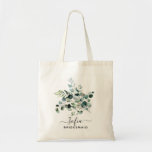 Floral Bridesmaid Wedding Tote Bag Dark Blue Green<br><div class="desc">Get matching tote bags for the wedding party. Everyone will love it.
This cute tote bag has Dusty blue and green eucalyptus leaves and can be personalized with the name and the job of the person.</div>